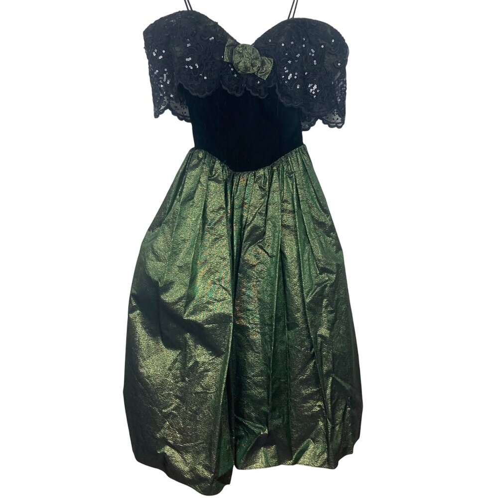 Vintage 80s Jessica McClintock Prom Dress 4 Black Velvet Green Fairy Goth - Picture 8 of 13